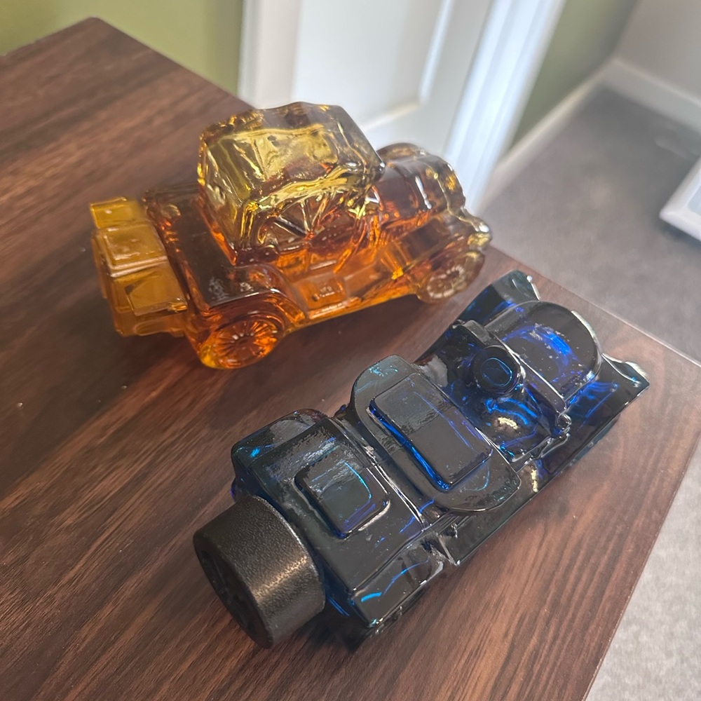 Vintage Amber Glass 2 Car Decanters